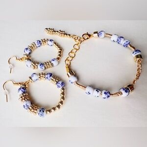 Gold and White Beaded Bracelet and Earring Set